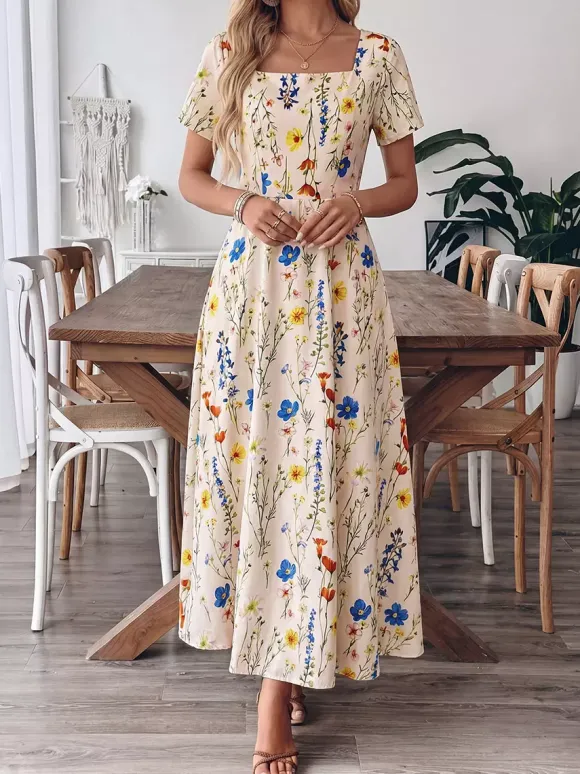 Robe d'été maxi à col carré et manches courtes imprimé floral fluide