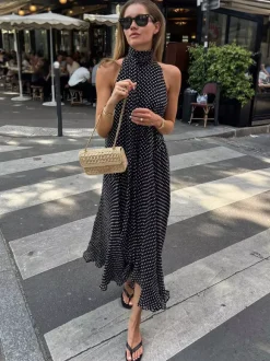 Robe d'été maxi noire à pois sans manches dos nu et col halter pour femme Daily Dresses