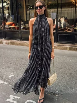 Robe d'été maxi noire à pois sans manches dos nu et col halter pour femme Daily Dresses