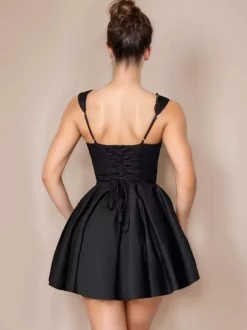Robe D'Été Mini Robes Noir Col En C艙ur Dentelle Polyester Robe De Plage Courte Sexy