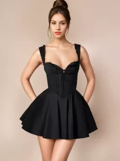 Robe D'Été Mini Robes Noir Col En C艙ur Dentelle Polyester Robe De Plage Courte Sexy