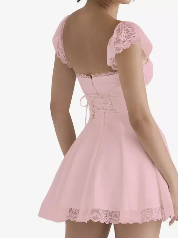 Robe d'été noire décontractée mini-robe en dentelle sans manches à bretelles col montant style mini.