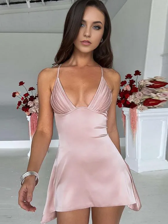 Robe D'été Sexy Col En V Plissé Dos Nu Rose Minirobe Robe De Plage