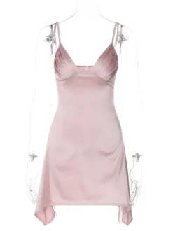 Robe D'été Sexy Col En V Plissé Dos Nu Rose Minirobe Robe De Plage