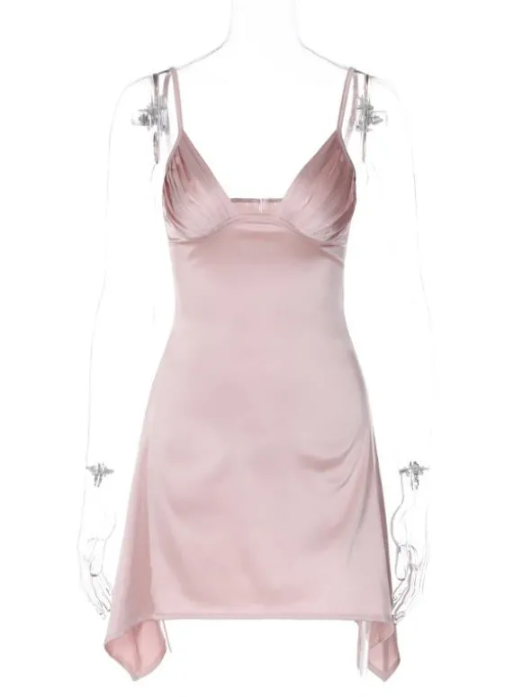 Robe D'été Sexy Col En V Plissé Dos Nu Rose Minirobe Robe De Plage