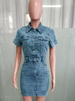 Robe en jean à manches courtes pour femme - Robe moulante mini en jean boutonnée style streetwear délavage moyen - Sorties printanières 2026