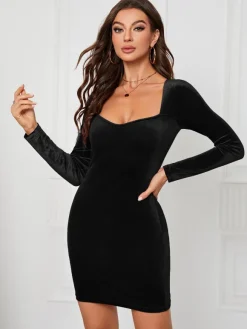 Robe en velours col en c艙ur manches longues sexy mini robes moulantes