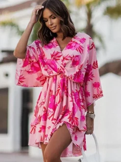 Robe Eté Courte Imprimé Femme avec Manches Courtes à Col V Coupe Cintrée
