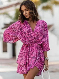 Robe Eté Courte Imprimé Femme avec Manches Courtes à Col V Coupe Cintrée