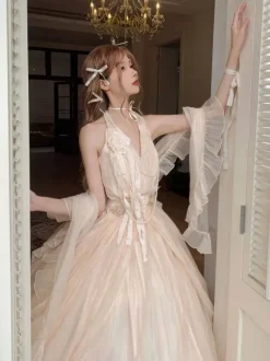 Robe Fairy Lolita rouge foncé à bretelles dos nu robe de bal Lolita pour tea party