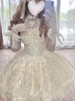 Robe Femme JSK Sweet Lolita Mariage Blanc Écru Manches Courtes Perles Dentelle