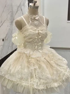 Robe Femme JSK Sweet Lolita Mariage Blanc Écru Manches Courtes Perles Dentelle