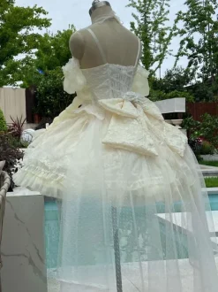 Robe Femme JSK Sweet Lolita Mariage Blanc Écru Manches Courtes Perles Dentelle