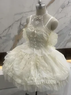Robe Femme JSK Sweet Lolita Mariage Blanc Écru Manches Courtes Perles Dentelle