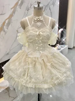 Robe Femme JSK Sweet Lolita Mariage Blanc Écru Manches Courtes Perles Dentelle