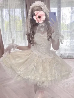 Robe Femme JSK Sweet Lolita Mariage Blanc Écru Manches Courtes Perles Dentelle