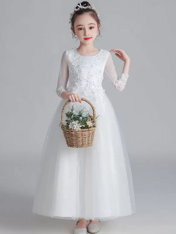 Robe fille de fleur blanche en tulle col rond manche longue transparent à la cheville robe cortège enfant