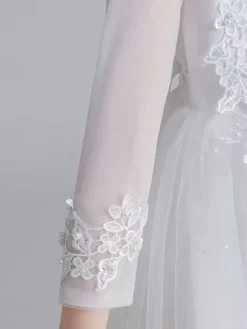 Robe fille de fleur blanche en tulle col rond manche longue transparent à la cheville robe cortège enfant