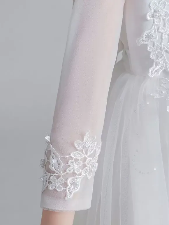 Robe fille de fleur blanche en tulle col rond manche longue transparent à la cheville robe cortège enfant