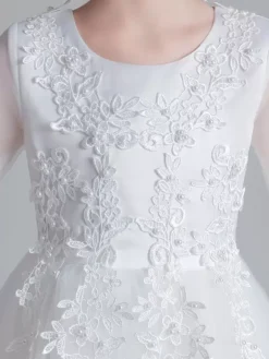 Robe fille de fleur blanche en tulle col rond manche longue transparent à la cheville robe cortège enfant
