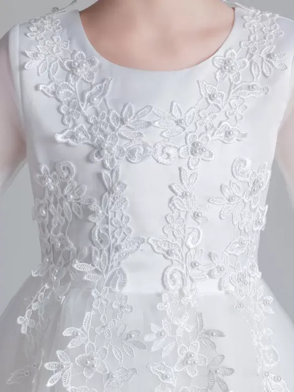 Robe fille de fleur blanche en tulle col rond manche longue transparent à la cheville robe cortège enfant