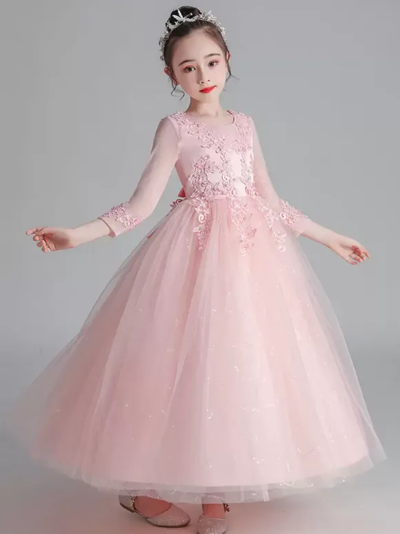 Robe fille de fleur blanche en tulle col rond manche longue transparent à la cheville robe cortège enfant