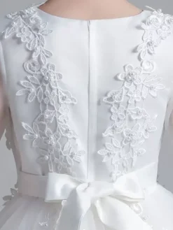 Robe fille de fleur blanche en tulle col rond manche longue transparent à la cheville robe cortège enfant