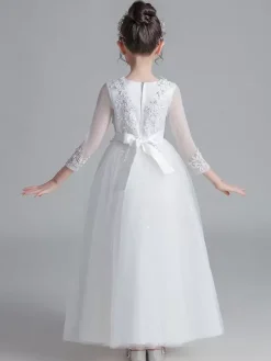 Robe fille de fleur blanche en tulle col rond manche longue transparent à la cheville robe cortège enfant