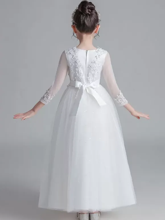 Robe fille de fleur blanche en tulle col rond manche longue transparent à la cheville robe cortège enfant