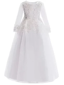 Robe fille de fleur blanche en tulle col rond manche longue transparent à la cheville robe cortège enfant