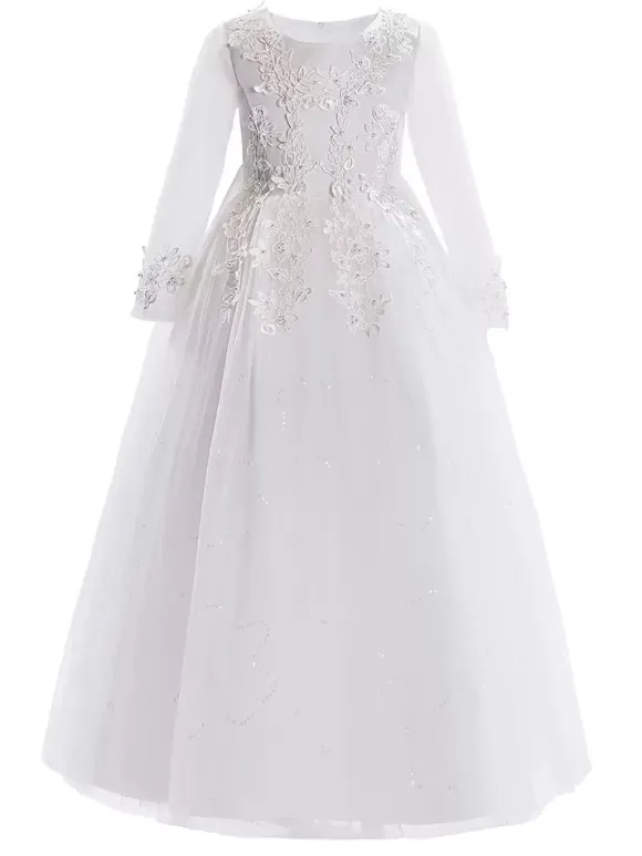 Robe fille de fleur blanche en tulle col rond manche longue transparent à la cheville robe cortège enfant