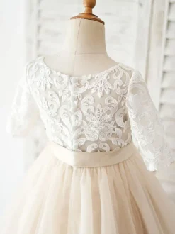 Robe fille de fleur champagne col rond manche courte en dentelle décoré de noeud jupe en tulle bouton sur dos robe cortège enfant