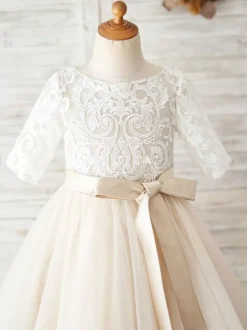 Robe fille de fleur champagne col rond manche courte en dentelle décoré de noeud jupe en tulle bouton sur dos robe cortège enfant