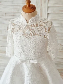 Robe fille de fleur ivoire en satin col haut demi-manche en dentelle décoré de noeud robe fille cérémonie