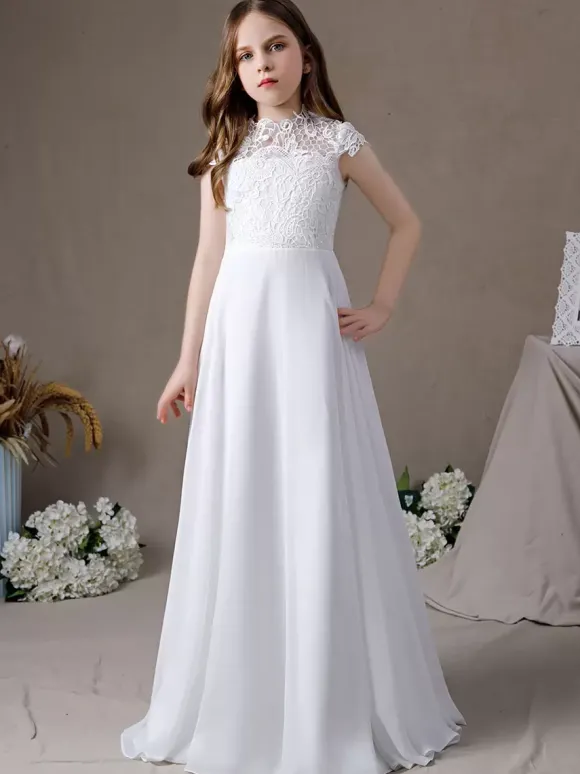 Robe fille de fleur robe cérémonie fille col rond au sol