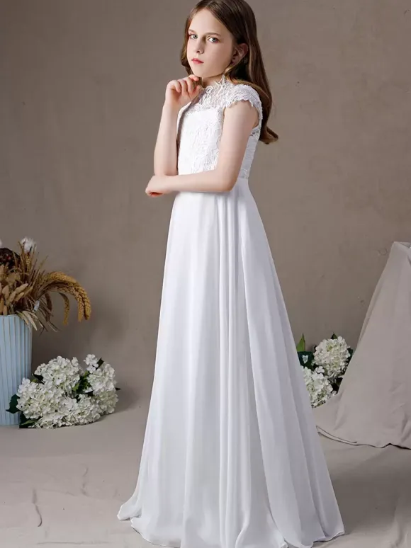 Robe fille de fleur robe cérémonie fille col rond au sol