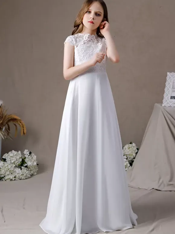 Robe fille de fleur robe cérémonie fille col rond au sol