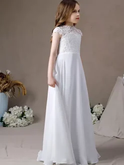 Robe fille de fleur robe cérémonie fille col rond au sol