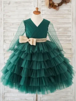 Robe fille de fleur verte en tulle col v manche longue transparente zip sur dos décoré de noeud Robe cortège enfant