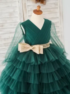 Robe fille de fleur verte en tulle col v manche longue transparente zip sur dos décoré de noeud Robe cortège enfant