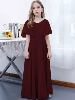 Robe Fille Fleur Mousseline Volants Col V Manches Courtes Rose Lotus