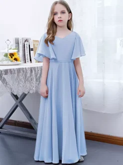 Robe Fille Fleur Mousseline Volants Col V Manches Courtes Rose Lotus