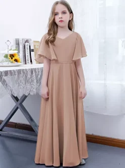 Robe Fille Fleur Mousseline Volants Col V Manches Courtes Rose Lotus