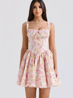 Robe Fleurie Courte Plissée Cintrée À Lacets Bretelles Élégant Automne