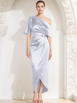 Robe fourreau plissée pour mère asymétrique épaule dénudée demi-manches robes d'invitées pour mariage