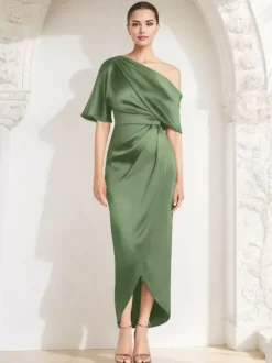 Robe fourreau plissée pour mère asymétrique épaule dénudée demi-manches robes d'invitées pour mariage