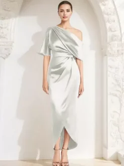 Robe fourreau plissée pour mère asymétrique épaule dénudée demi-manches robes d'invitées pour mariage