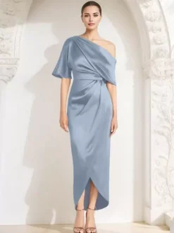 Robe fourreau plissée pour mère asymétrique épaule dénudée demi-manches robes d'invitées pour mariage