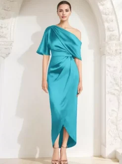 Robe fourreau plissée pour mère asymétrique épaule dénudée demi-manches robes d'invitées pour mariage