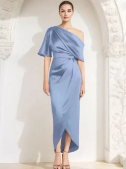Robe fourreau plissée pour mère asymétrique épaule dénudée demi-manches robes d'invitées pour mariage